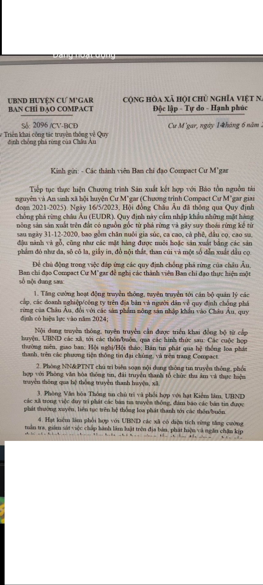 CV V/v Triển khai công tác truyền thông về Quy định chống phá rừng của Châu Âu